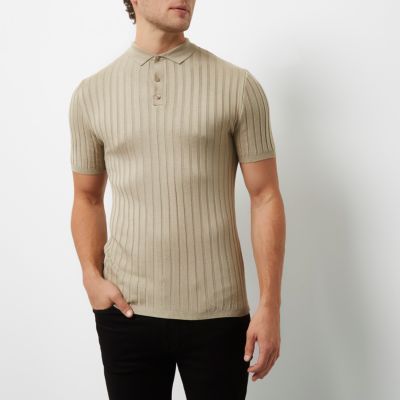 Stone ribbed muscle fit polo shirt